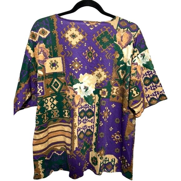Vintage 80s 90s Abstract Tribal Print Oversized Tee Purple Gold Graphic XL AOP - Picture 3 of 10